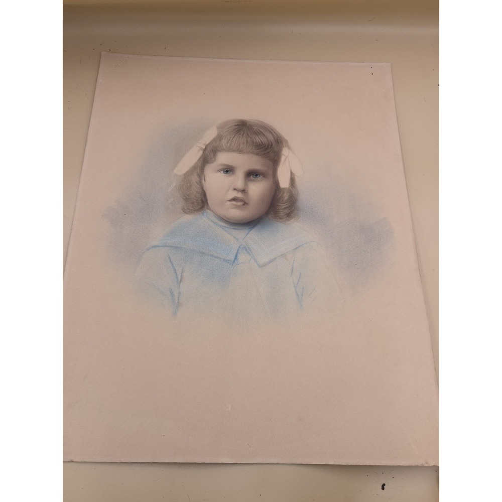 Large Antique Crayon Enlargement Portrait Victorian Young Girl Blue Dress Eyes